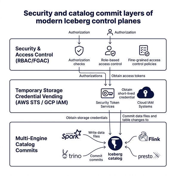 Stack diagram showing the security and catalog commit layers of modern Iceberg control planes including RBAC, credential vending, and multi-engine commits