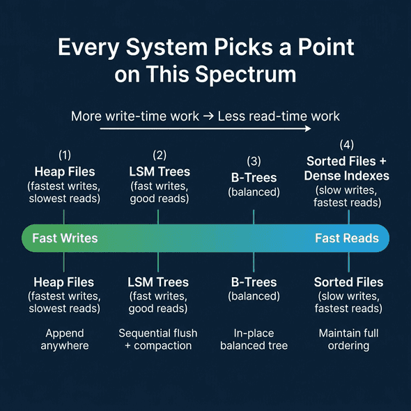 The write speed vs read efficiency spectrum showing heap files, LSM trees, B-trees, and sorted files