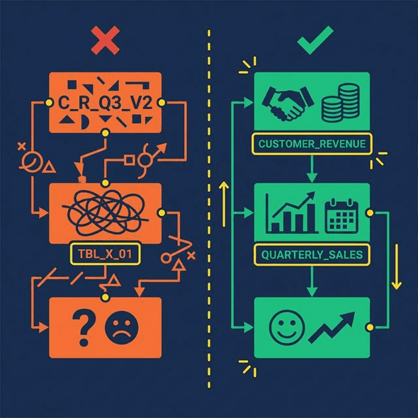 Bad vs. good naming conventions — cryptic abbreviations vs. clear business names