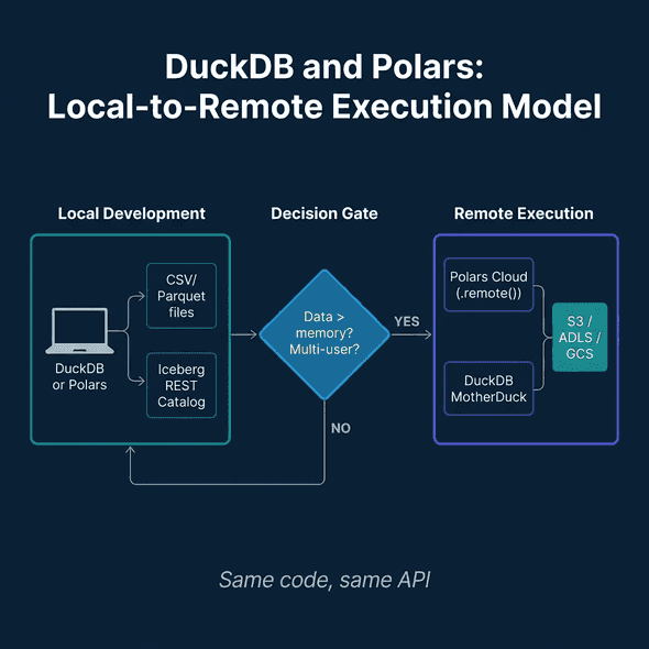 DuckDB and Polars local-to-remote execution workflow showing local development with both tools, decision gate on data size and multi-user needs, and remote execution via Polars Cloud or MotherDuck