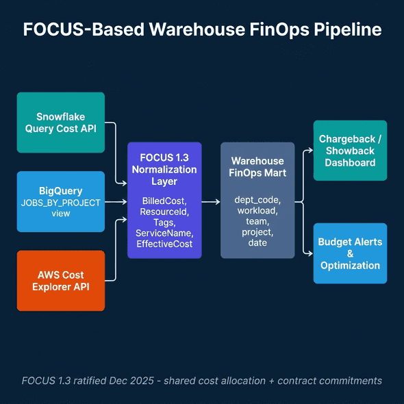FOCUS-based warehouse FinOps pipeline showing Snowflake Query Cost API, BigQuery JOBS_BY_PROJECT view, and AWS Cost Explorer API all flowing into FOCUS 1.3 normalization layer, then to warehouse FinOps mart for chargeback dashboard and budget alerts
