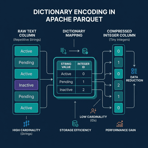 Diagram of Dictionary Encoding mapping text strings to small integer identifiers