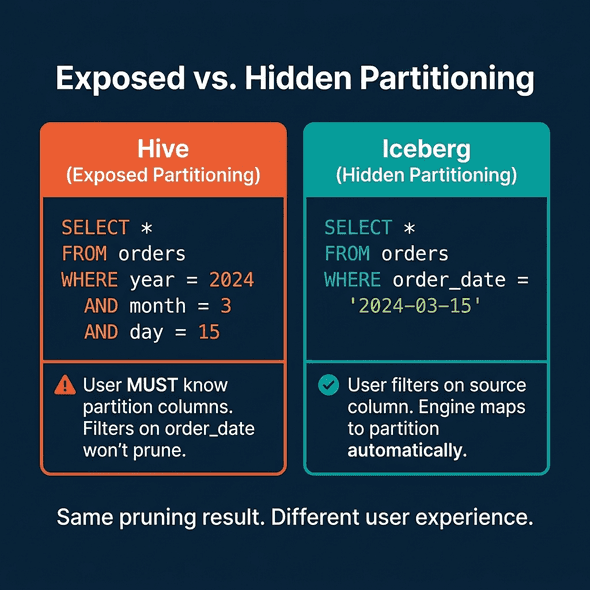 Exposed partitioning in Hive versus hidden partitioning in Iceberg showing the same pruning with different user experience