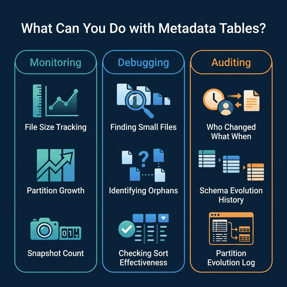 Three categories of metadata table use cases: monitoring, debugging, and auditing