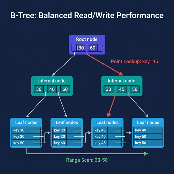 B-tree structure showing root, internal, and leaf nodes with point lookup and range scan paths