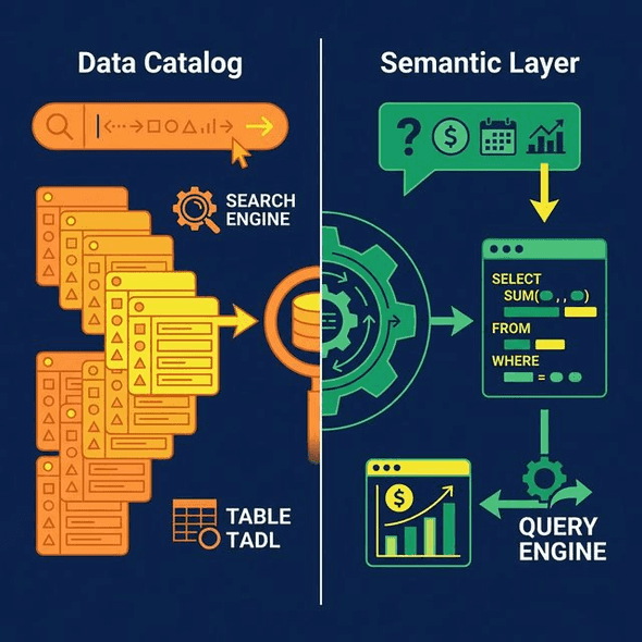 Data catalog vs. semantic layer in action — search vs. query