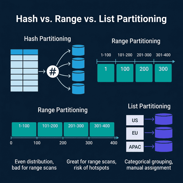Hash, range, and list partitioning strategies showing how the same data is distributed differently