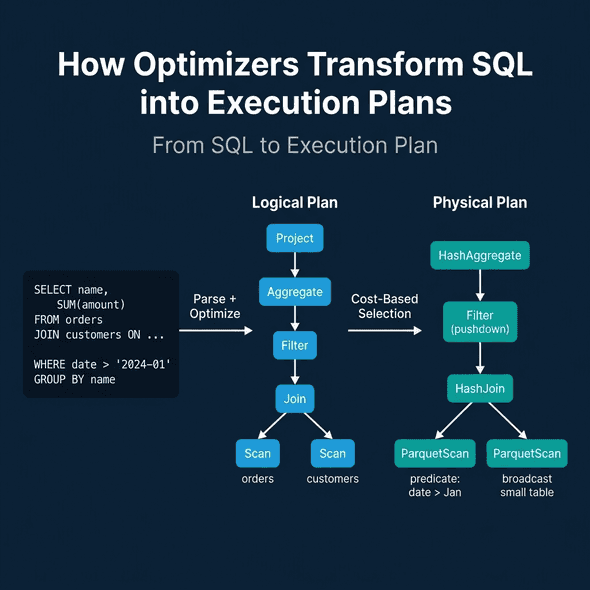 How optimizers transform SQL through logical and physical plan stages into an execution plan