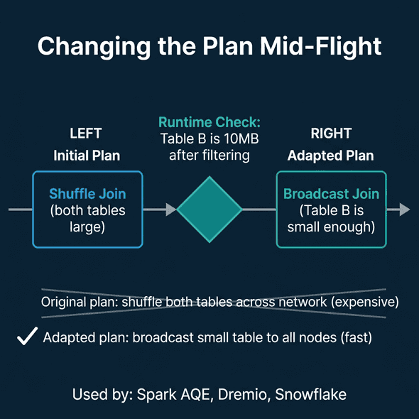 Adaptive query execution changing a shuffle join to a broadcast join mid-flight based on actual data sizes