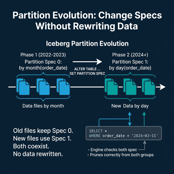 Iceberg partition evolution showing how old and new partition specs coexist without rewriting data