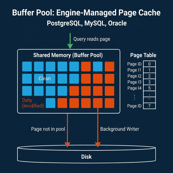 Buffer pool architecture showing shared memory pages, page table, cache hits, and background writes to disk
