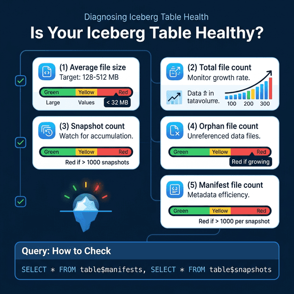 Checklist for diagnosing Iceberg table health using metadata table queries