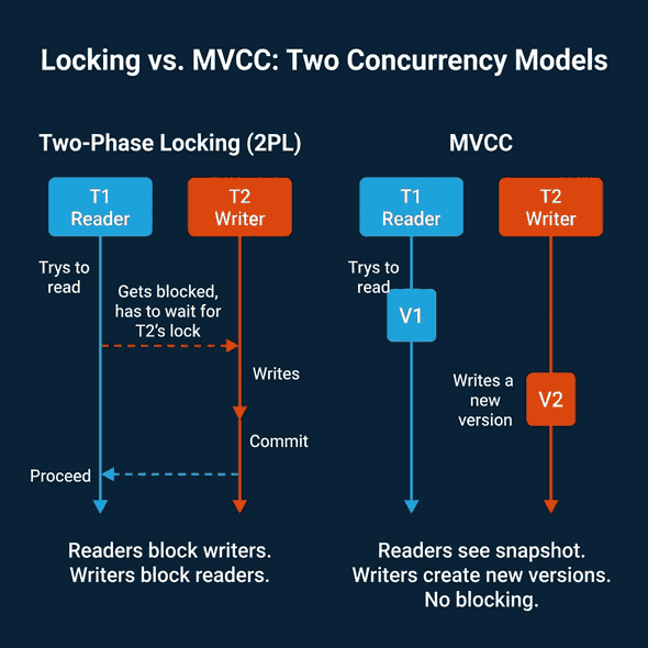 Two-Phase Locking versus MVCC showing how locking blocks readers while MVCC allows concurrent access