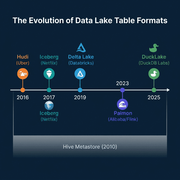 Timeline showing the evolution from Hive Metastore through Hudi, Iceberg, Delta Lake, Paimon, and DuckLake