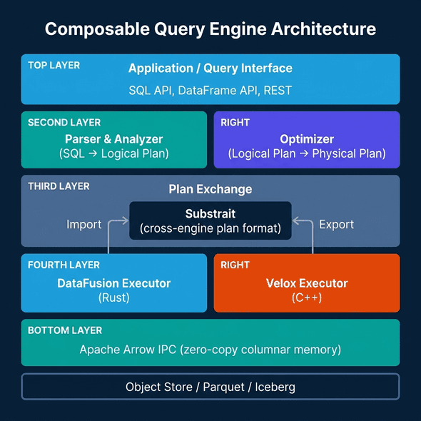 Layered architecture diagram showing composable query engine stack with application interface at top, parser and optimizer in second layer, Substrait plan exchange in the middle, DataFusion Rust and Velox C++ executors in fourth layer, Apache Arrow IPC below, and object store/Parquet/Iceberg at the bottom