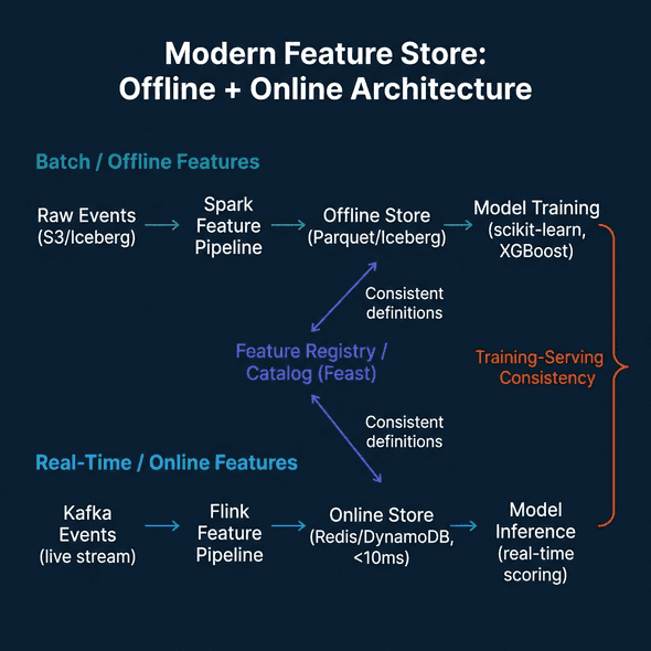 Feature store offline and online architecture with batch features from S3/Iceberg via Spark and real-time features from Kafka via Flink, connected through Feast feature registry for training-serving consistency