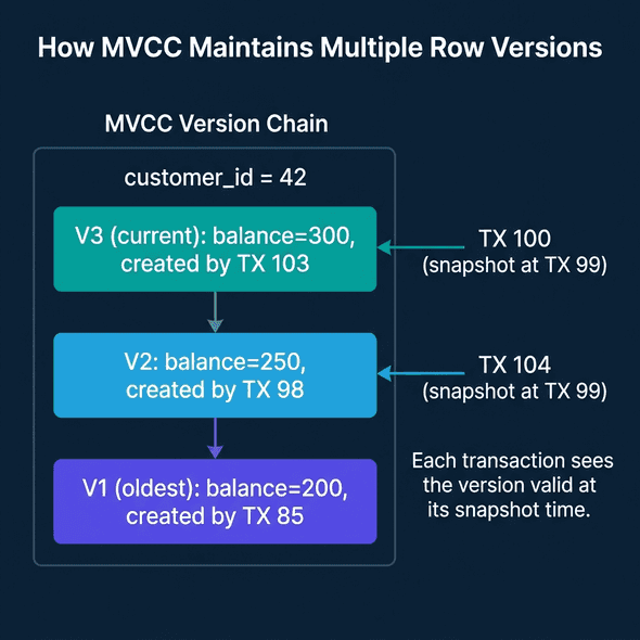 MVCC version chain showing three versions of the same row with different transactions seeing different versions