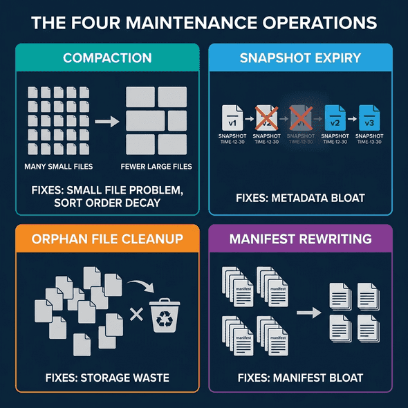 The four Iceberg maintenance operations: compaction, snapshot expiry, orphan cleanup, and manifest rewriting