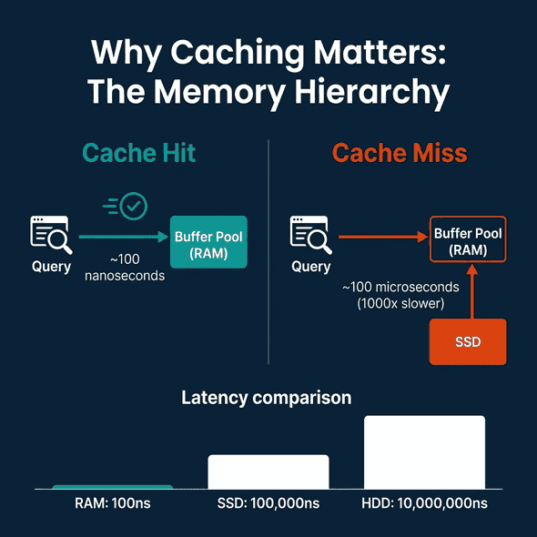 Cache hit versus cache miss latency showing the 1000x gap between RAM and SSD access