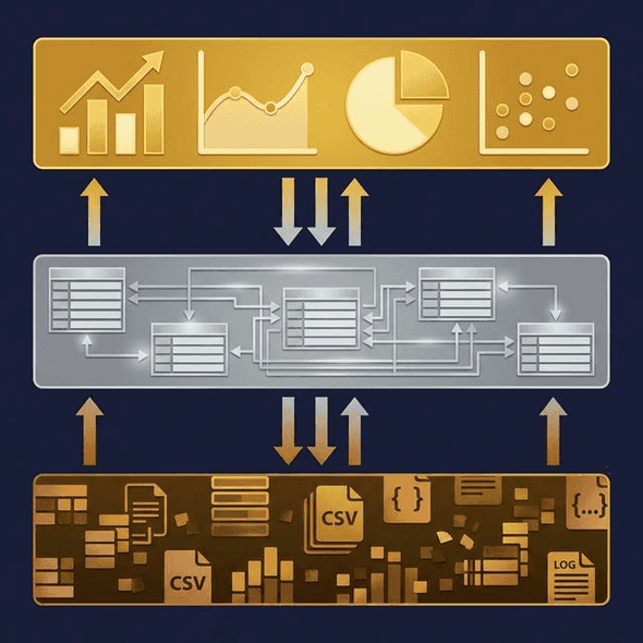 Layered view architecture from raw data through business logic to consumption-ready outputs