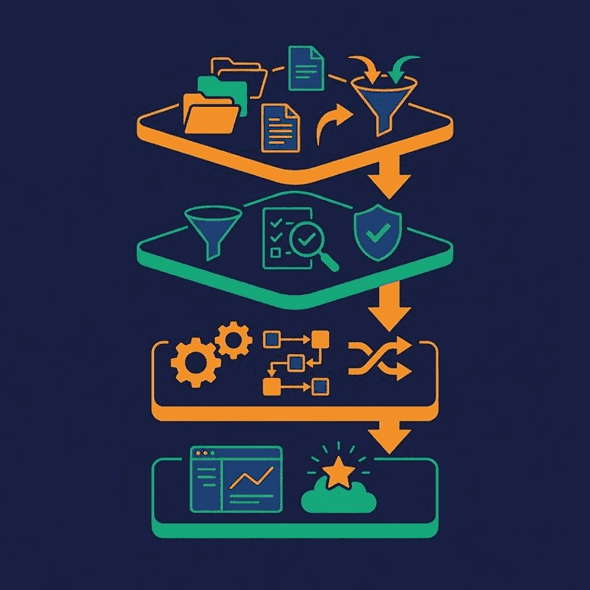 Data pipeline architecture with four layers flowing from ingestion through staging, transformation, and serving
