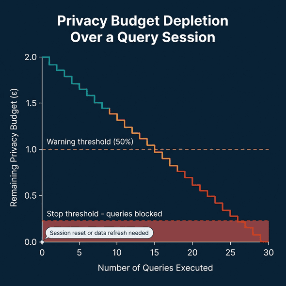Privacy budget depletion chart showing remaining budget (ε) decreasing with each query from 2.0 down to 0, with warning threshold at 50% and stop threshold where queries are blocked