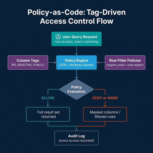 Policy-as-code tag-driven access control flow showing user query request flowing through policy engine consulting column tags and row filter policies, evaluating to allow (full result) or deny/mask, with audit log