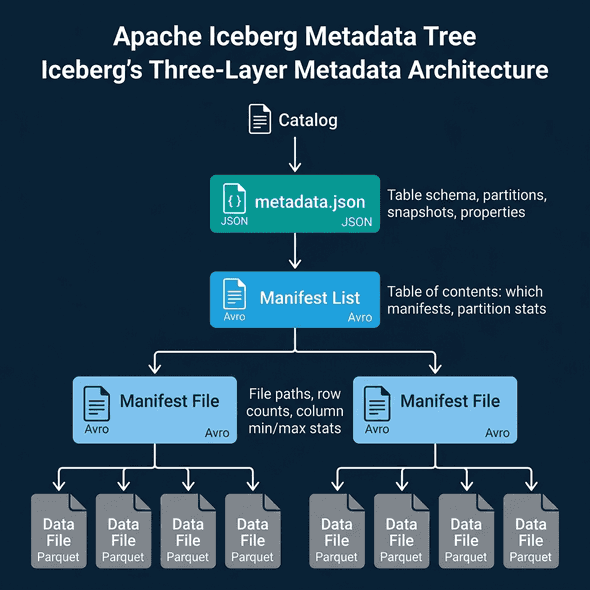 Iceberg's three-layer metadata architecture from catalog to metadata.json to manifest list to manifest files to data files