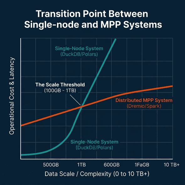 Performance-cost threshold graph showing single-node vs MPP execution efficiency zones based on data scale