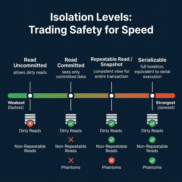 Isolation level spectrum from Read Uncommitted (weakest, fastest) to Serializable (strongest, slowest)
