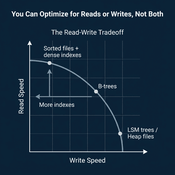 The read-write tradeoff showing how sorted files with dense indexes optimize reads while LSM trees and heap files optimize writes
