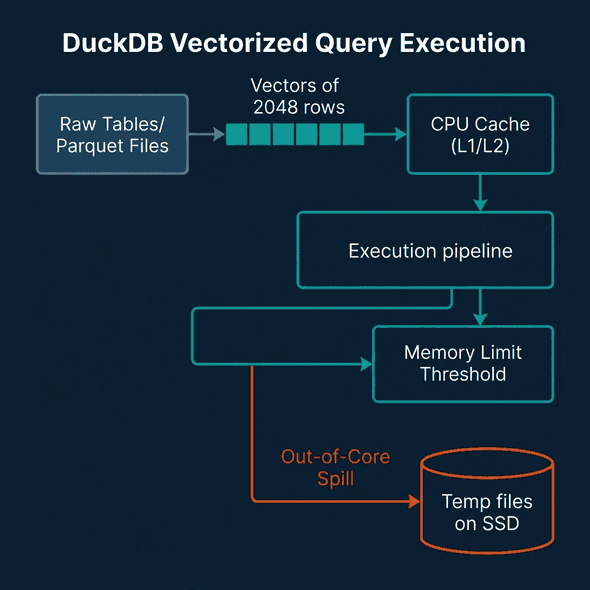 DuckDB vectorized execution architecture showing chunked vector pipelines inside CPU cache and out-of-core spilling to SSD temp files