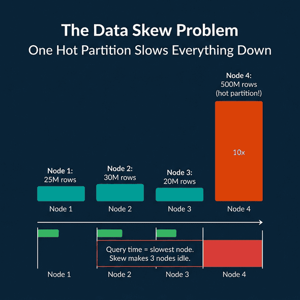 The data skew problem showing one partition with 10x more data creating a straggler node