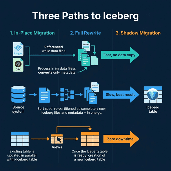 Three paths to Iceberg: in-place migration, full rewrite, and shadow migration