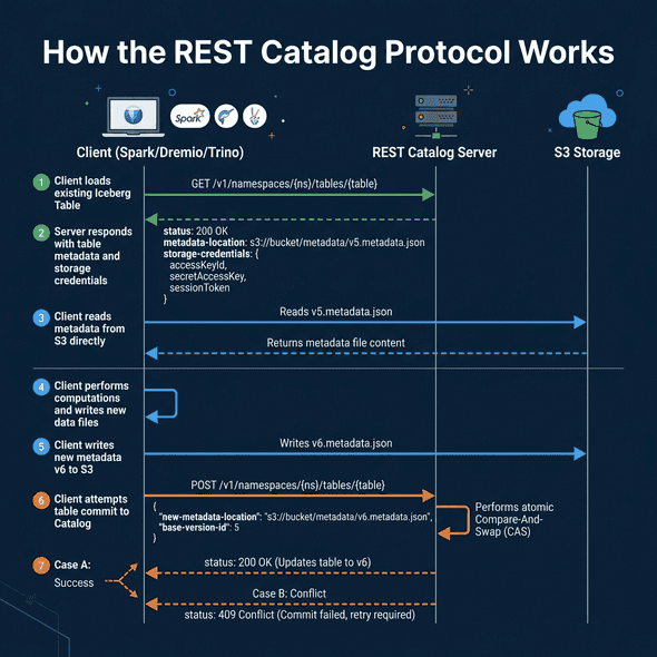 How the Iceberg REST Catalog Protocol works from table load through atomic commit