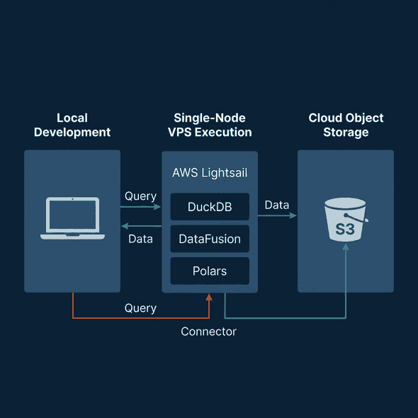 Architecture diagram showing the single-node data engineering ecosystem from local laptops to single-node engines querying S3