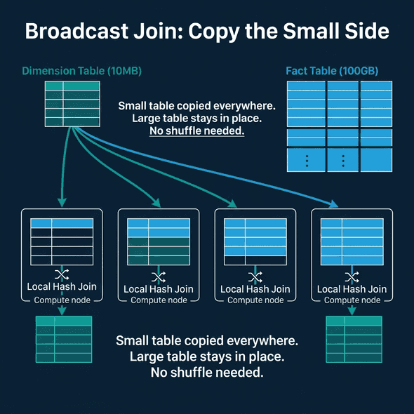 Broadcast join copying the small dimension table to every compute node while the large fact table stays in place