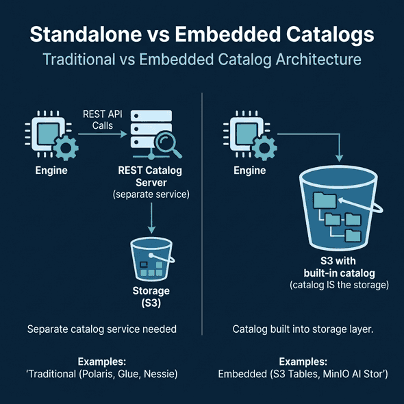 Standalone catalogs versus embedded catalogs showing how the architecture simplifies