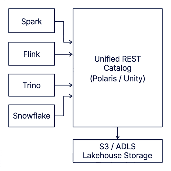 Architecture diagram showing multiple engines like Spark, Flink, Trino, and Snowflake communicating with a unified Iceberg REST Catalog control plane which delegates to S3 storage