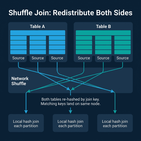 Shuffle join redistributing both tables by join key hash so matching keys land on the same node