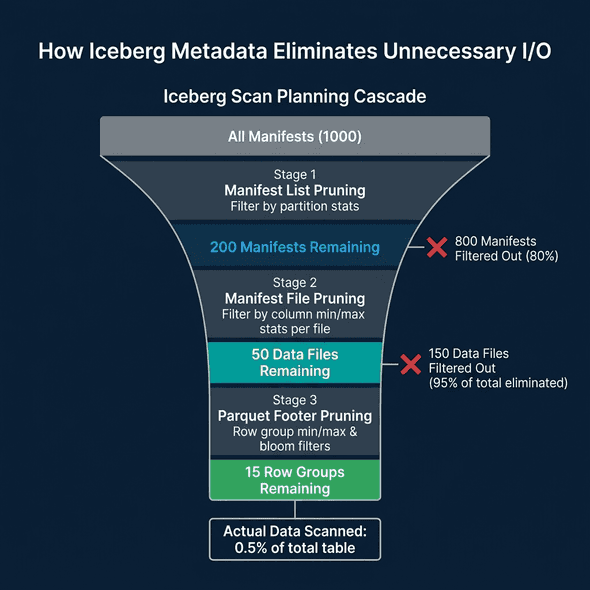 Iceberg scan planning cascade showing how metadata progressively eliminates files at each stage