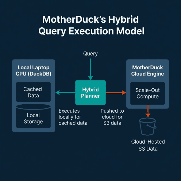 MotherDuck Dual Execution model showing how queries are split by a Hybrid Planner between local laptop CPUs and MotherDuck Cloud Engines