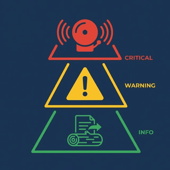 Alert severity levels: critical triggers pages, warning goes to channel, info logged