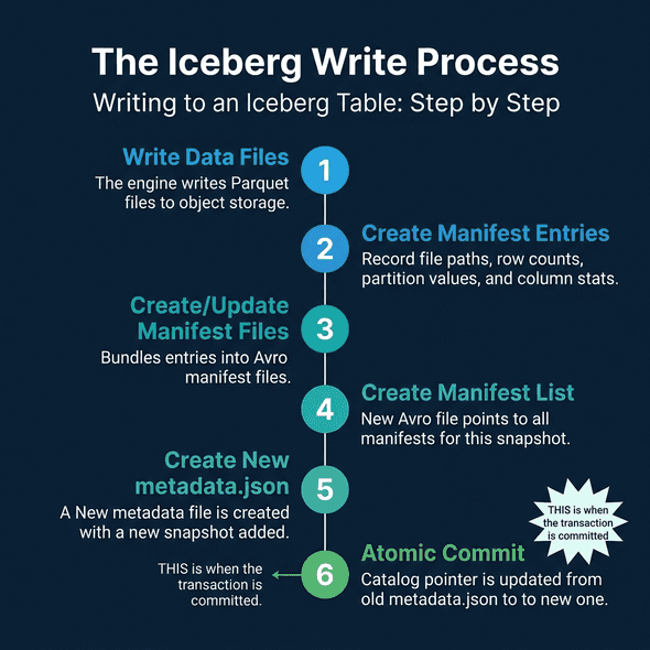 The Iceberg write process from data file creation through the atomic catalog pointer swap