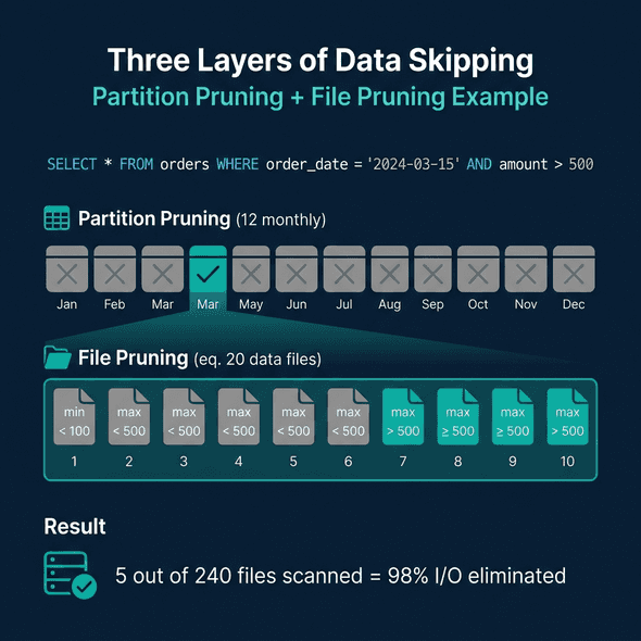 Three layers of data skipping showing partition pruning, file pruning, and the final result
