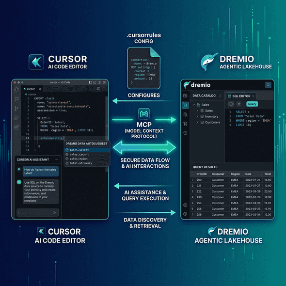 Cursor AI code editor connecting to Dremio Agentic Lakehouse via MCP