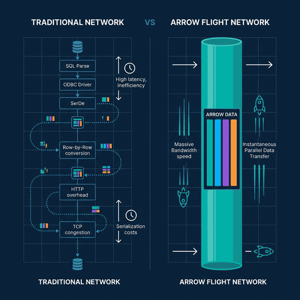 Arrow Flight RPC versus traditional REST/ODBC protocols over a network